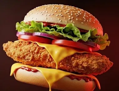 Close de um sanduíche de frango empanado com queijo, do tipo usado em foto de cardápio