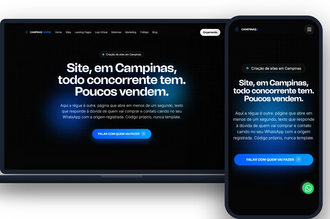 A mesma página aberta em um notebook e em um celular, lado a lado, com o layout adaptado a cada tela
