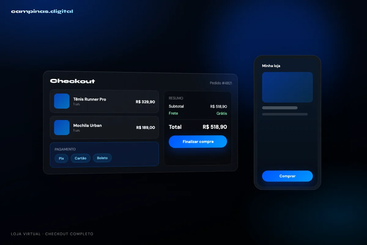 Checkout de loja virtual com Pix, cartão e frete calculado por CEP para a região de Campinas